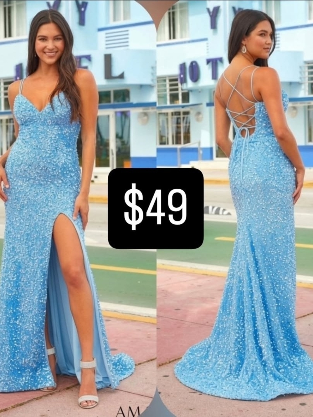 Sparkling Light Blue Sequin Lace-Up Back Prom Dress